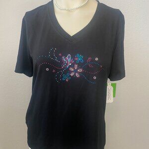 Princess Black women T-shirt Rhinestone floral pattern v-neck Size L